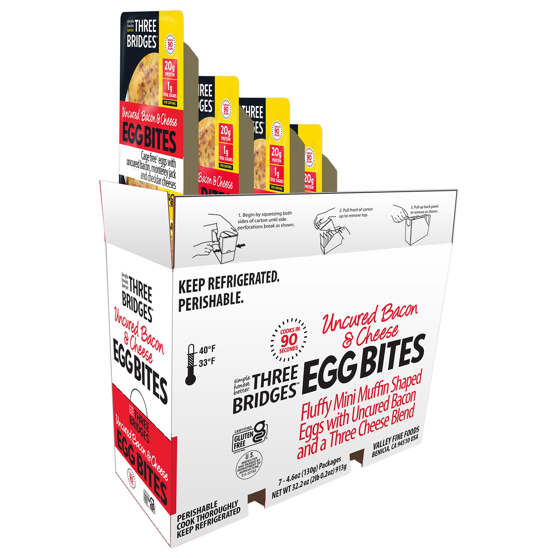 **Three Bridges** Egg Bites, Uncured Bacon & Cheese, 4.6 oz, 7 ct