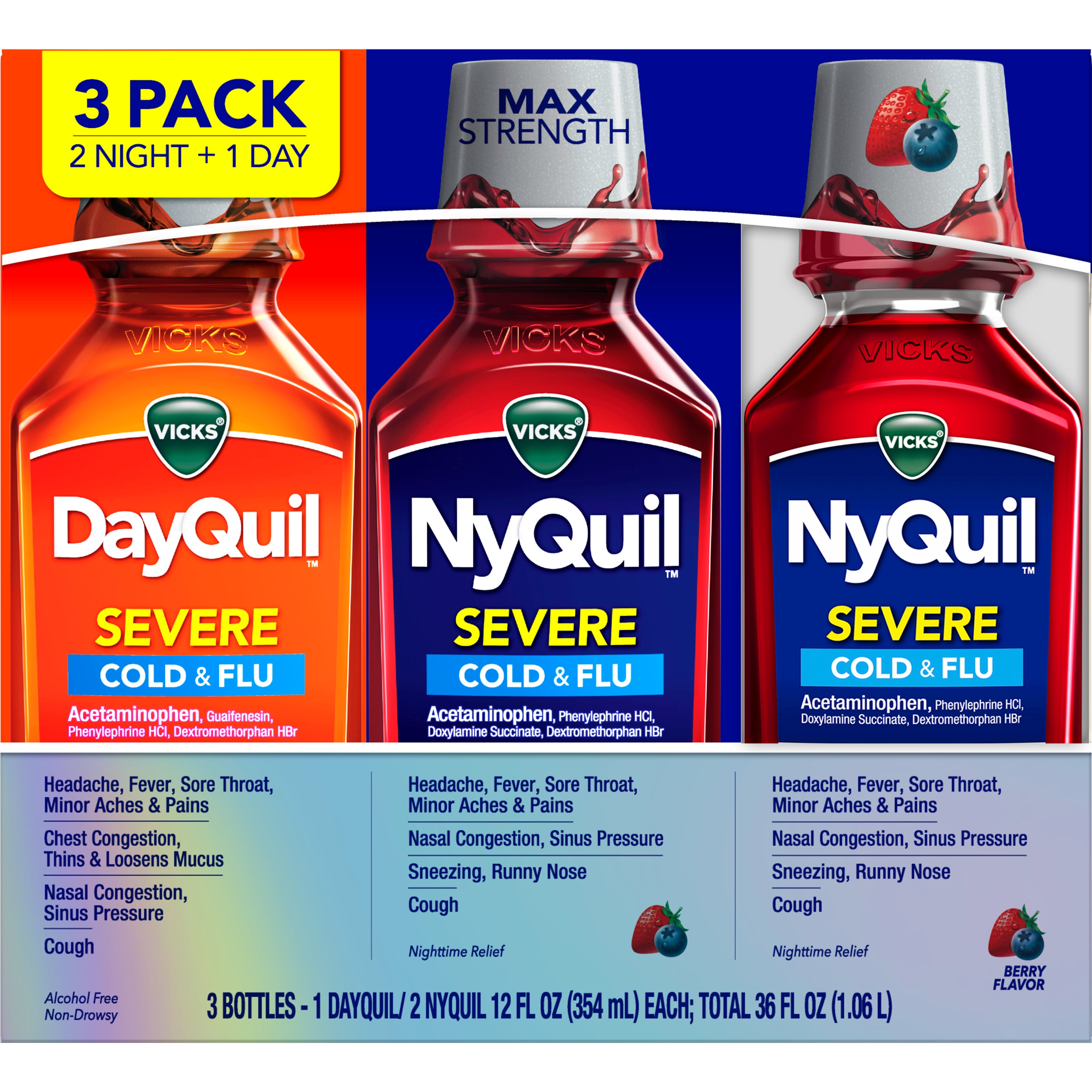 **Vicks** DayQuil and NyQuil Severe Cold & Flu Liquid, Berry, 12 fl oz, 3 ct