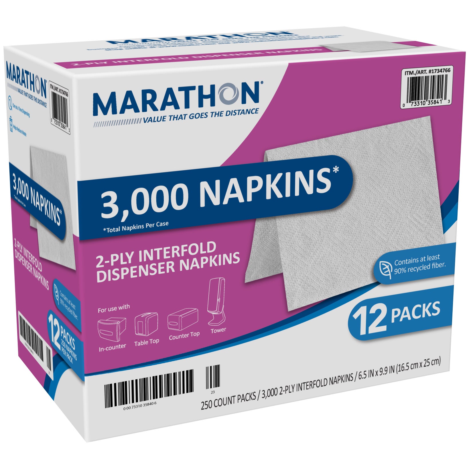 **Marathon** Interfold Dispenser Napkins, 2-Ply, White, 3000 ct