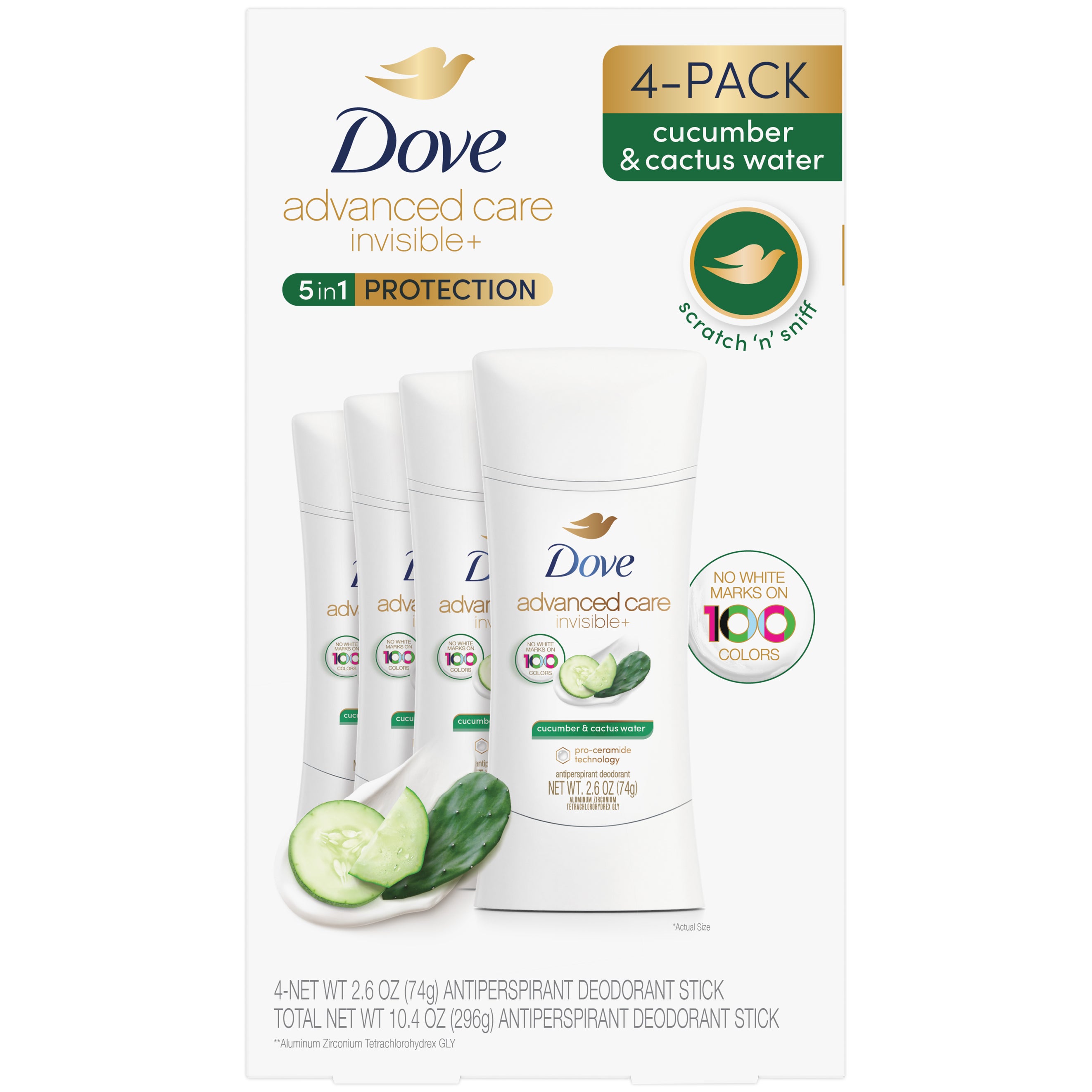 **Dove** Deodorant Sticks, Advanced Care, Invisible+ Antiperspirant, Cucumber & Cactus Water, 2.6 oz, 4 ct