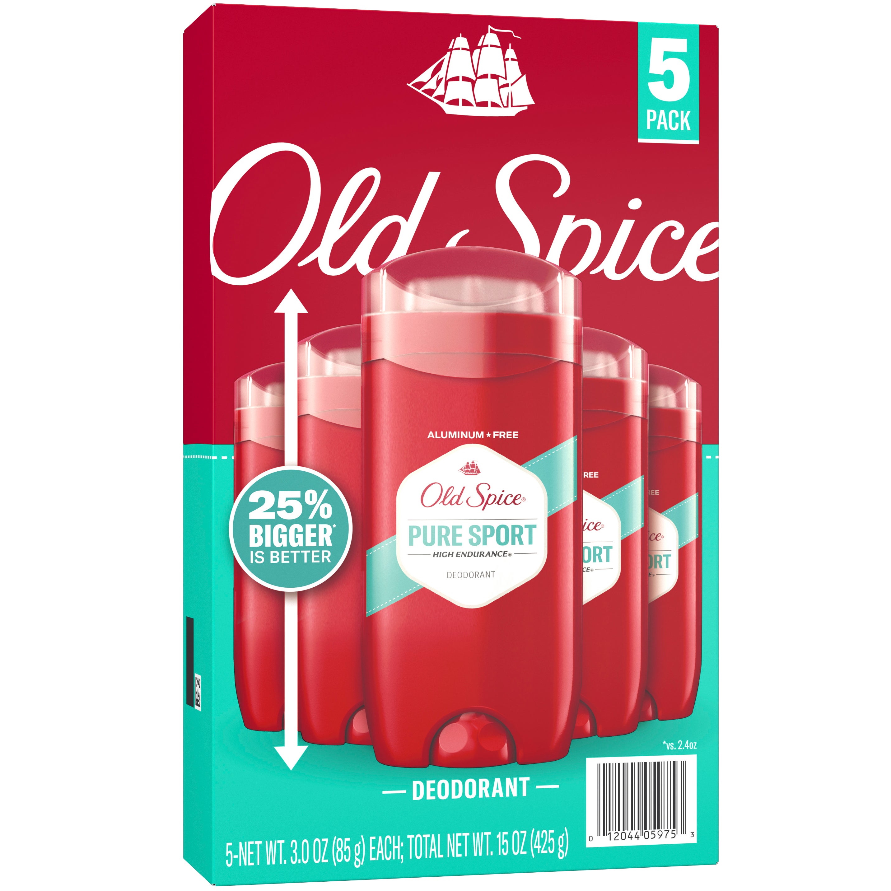 **Old Spice** Deodorant, High Endurance, Pure Sport, 3 oz, 5 ct