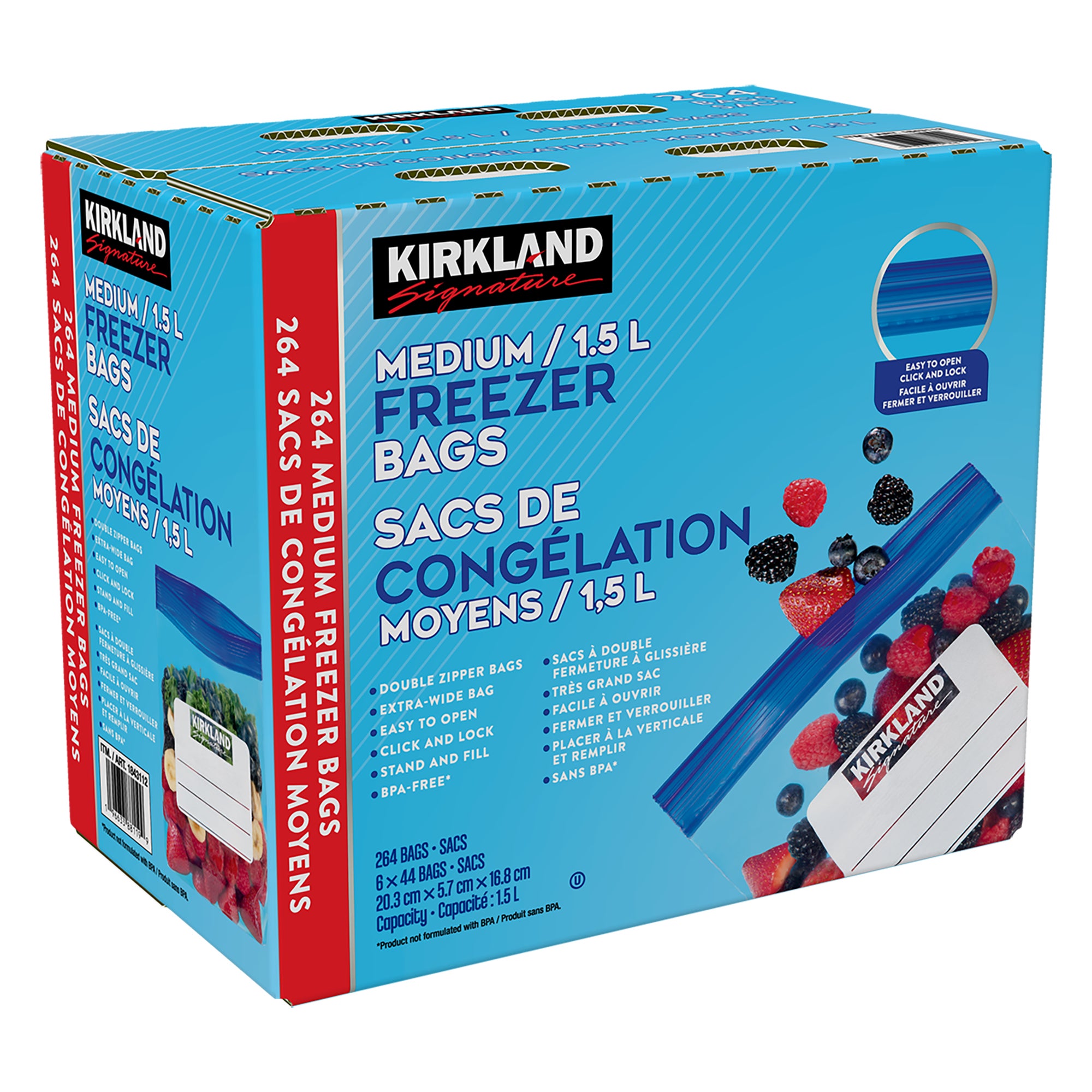 **Kirkland Signature** Food Bags, Freezer Quart Plus, Double Zipper, 264 ct