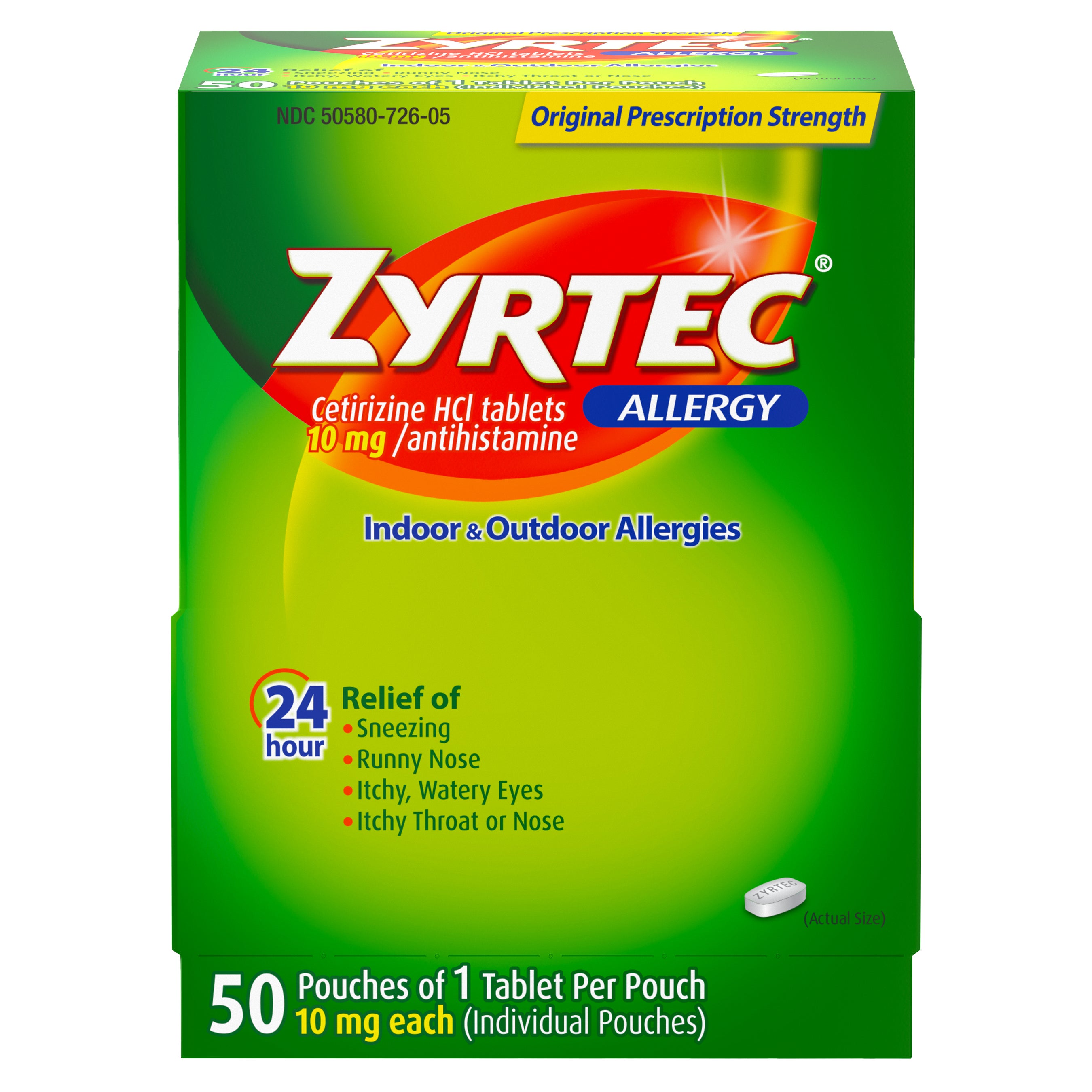 **ZYRTEC** Allergy Antihistamine Cetirizine HCI, Indoor & Outdoor, 10 mg, 50 Tablets
