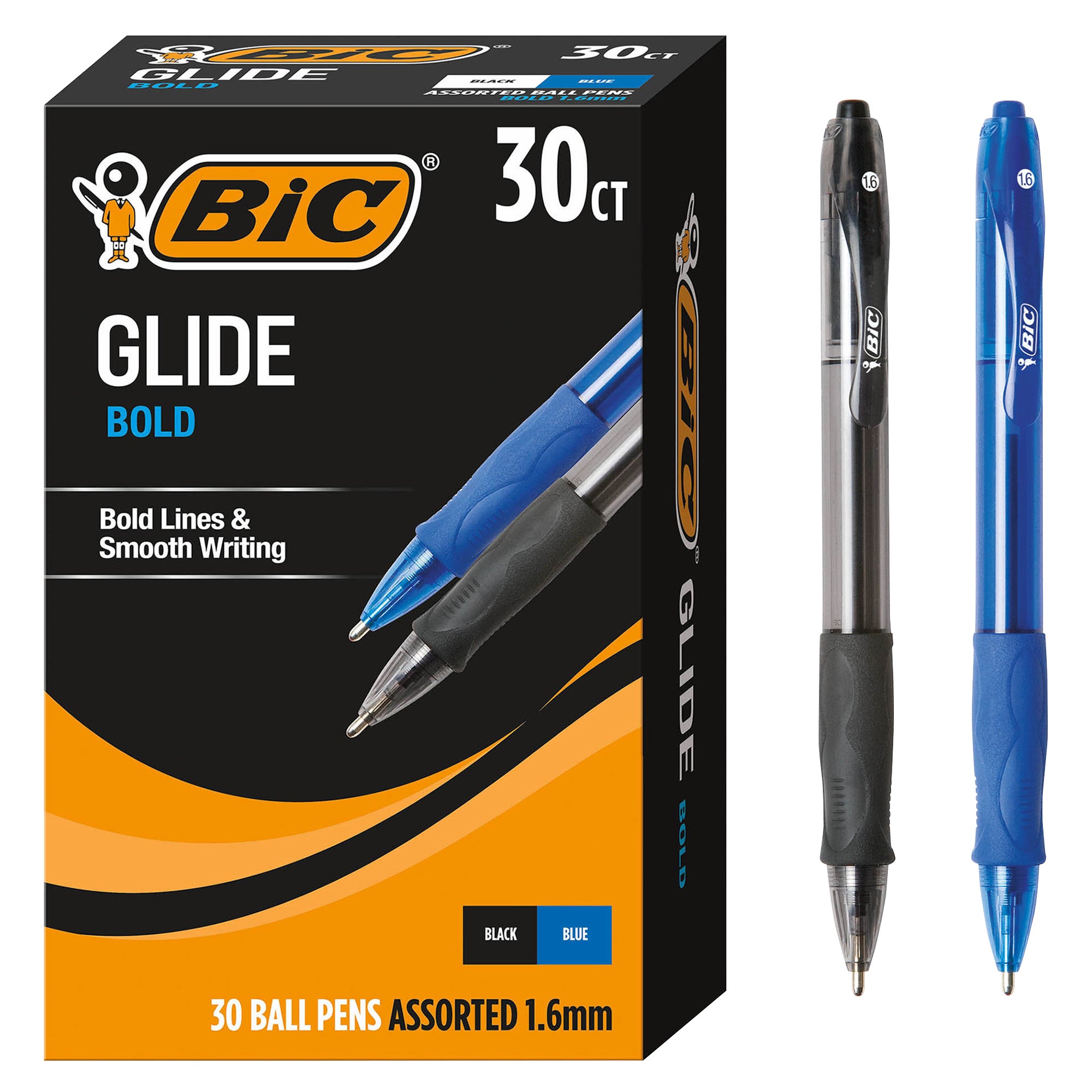 **BIC** Ballpoint Pens, Glide Retractable, Bold Point 1.6mm, Black and Blue Ink, 30 ct