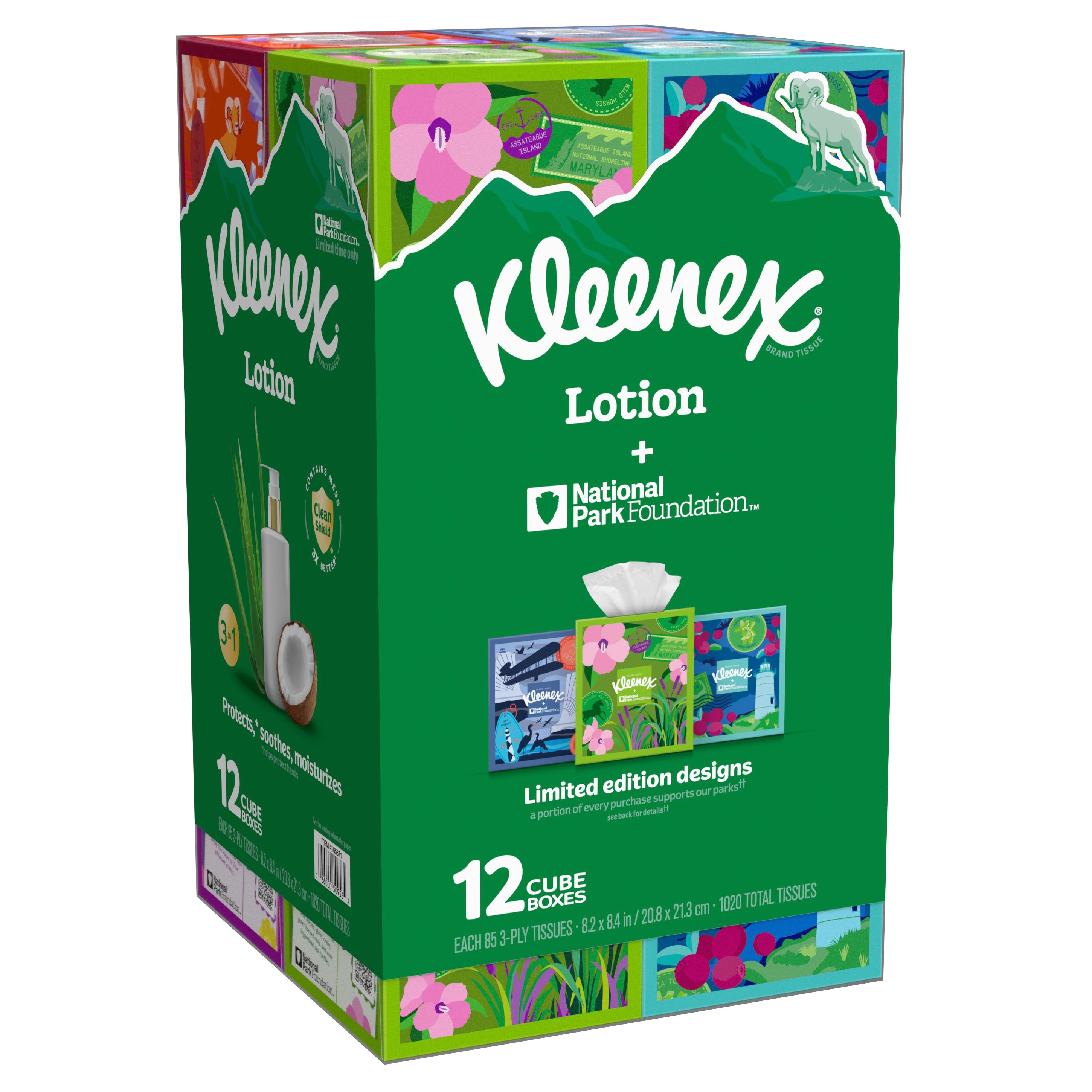 **Kleenex®** Facial Tissues, Lotion with Coconut Oil, 3-Ply, Cube Box, 85 Tissues, 12 ct