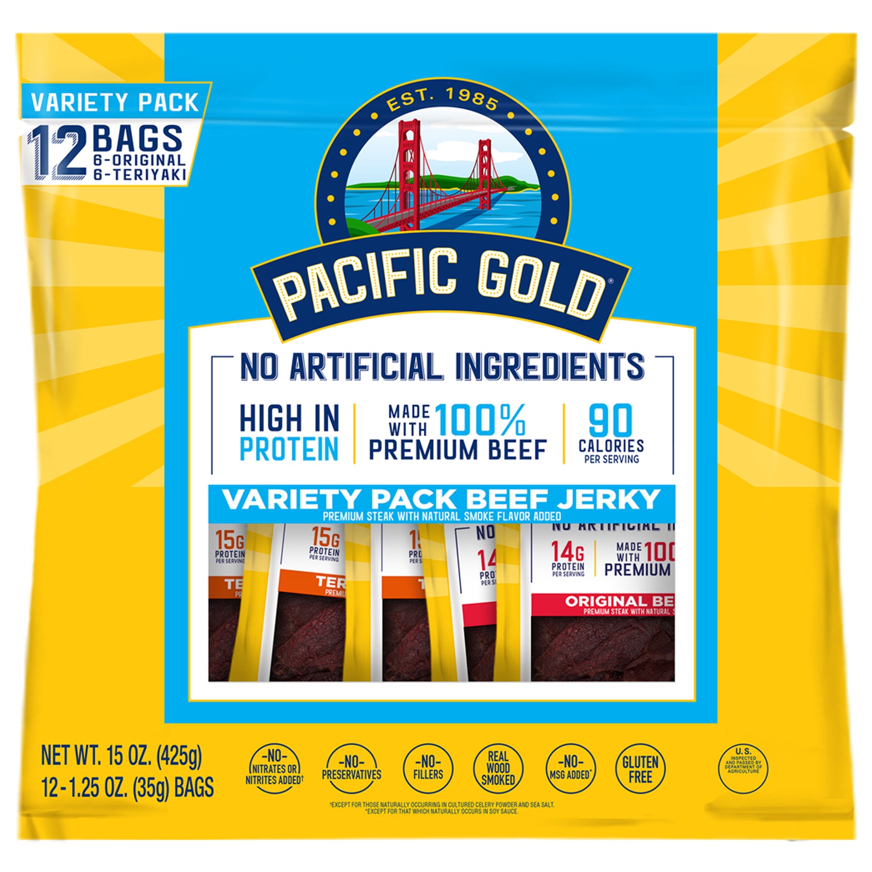 **Pacific Gold** Beef Jerky, Variety, 1.25 oz, 12 ct