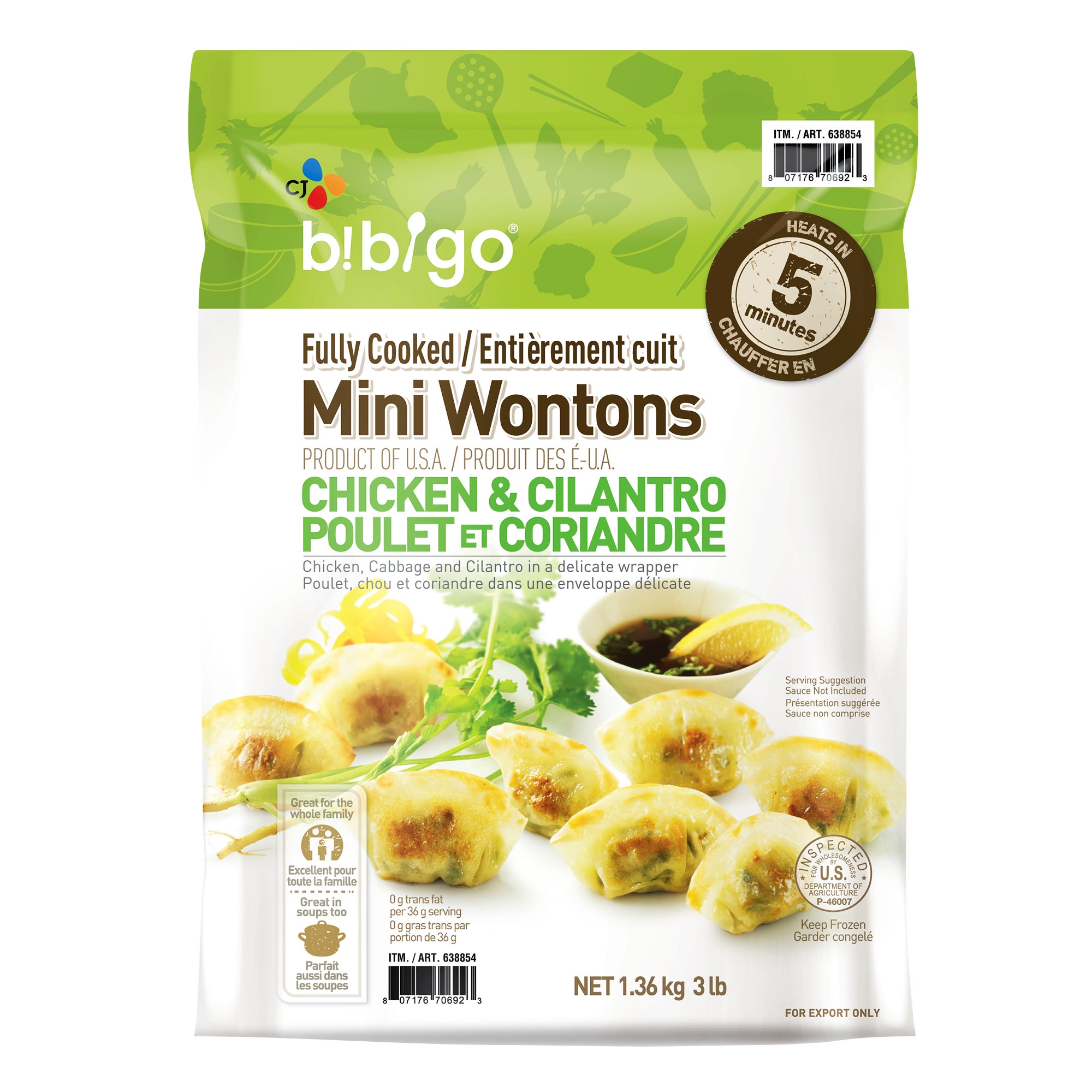 **Bibigo** Mini Wontons, Chicken & Cilantro, 3 lbs