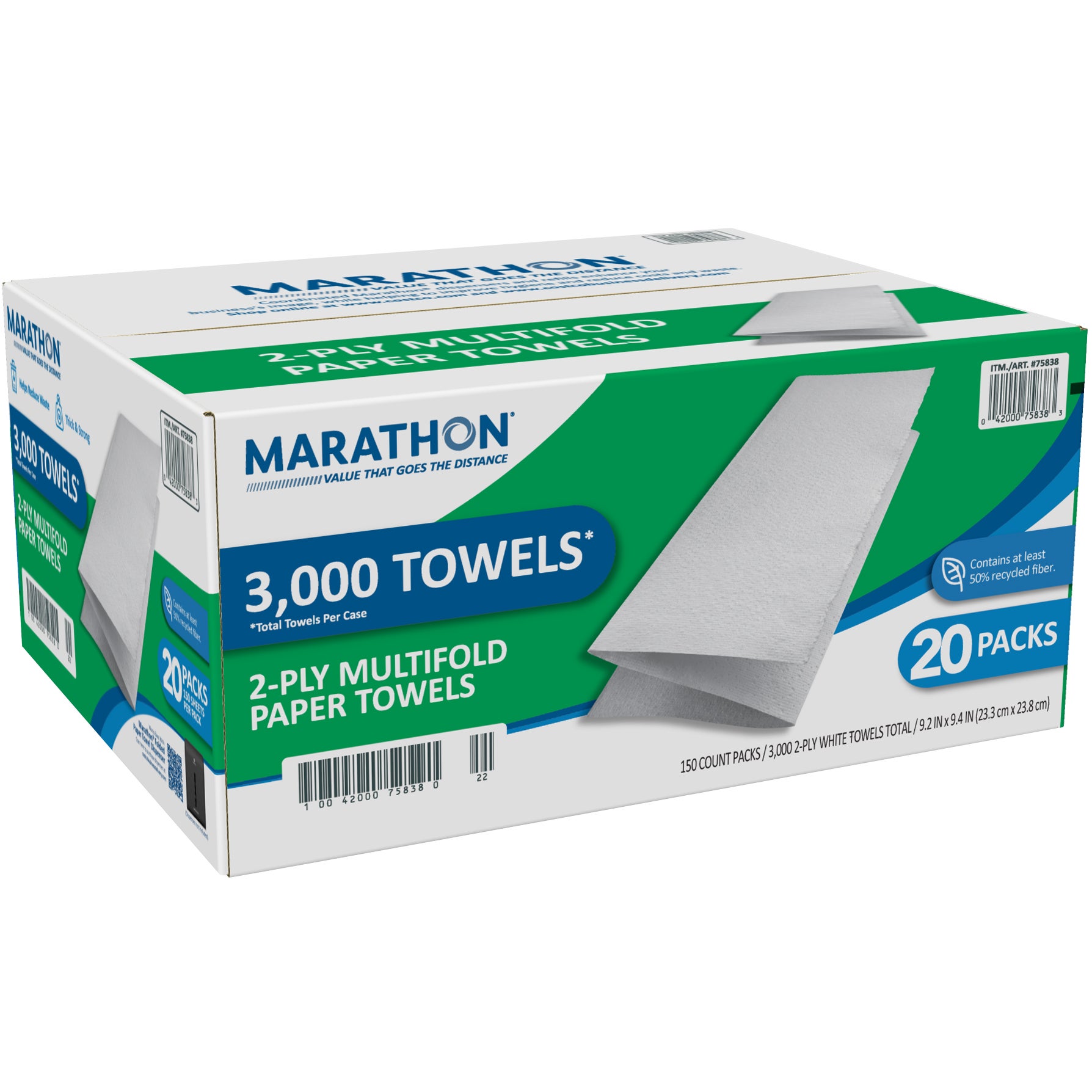 **Marathon** Paper Towels, Multifold, 2-Ply, White, 3000 ct